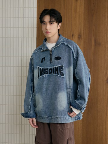 潮流立體刺繡抽鬚牛仔長T