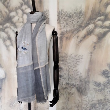 *手工刺繡糸列*30O纱支超薄全羊絨大圍巾*樹上小鳥*免費手綉字母