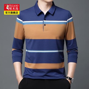 啄木鳥長袖t恤男2025春季新款商務修身polo衫男士翻領拼色體恤男