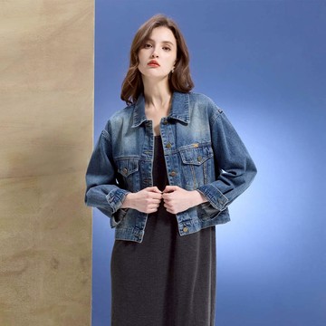 HONOR經典水洗豹紋飾排釦牛仔外套-藍