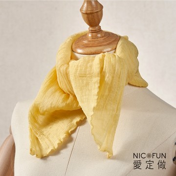 NicoFun 愛定做 魅力68 柳葉絲 鵝黃色圍脖(四季可戴 真絲 領巾 圍巾 淺黃 橘色 頸巾 桑蠶絲 皺褶絲巾)