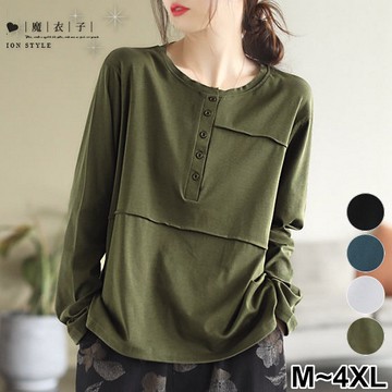 【QV3712】魔衣子-春禾日麗．純色排釦拼接圓領長袖T恤