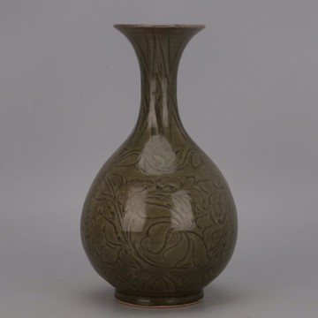 宋 耀州窯青釉暗刻花卉玉壺春瓶 仿古瓷器全手工舊貨家居裝飾擺件