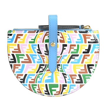 FENDI 8M0457 撞色滿版LOGO花紋半圓零錢包.藍/白