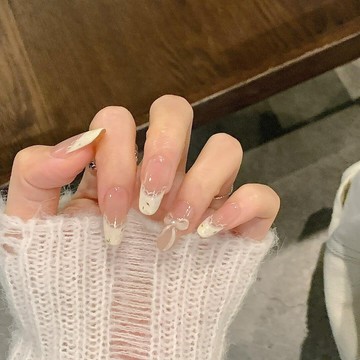 台灣H半手工美甲手工穿戴芭蕾風法式指甲貼片氣質愛心顯白蝴蝶結高級可拆卸