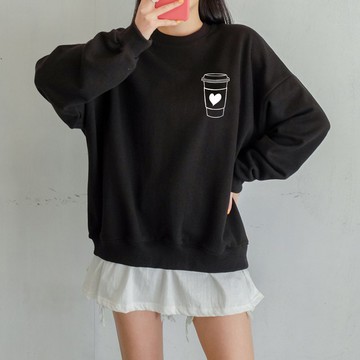 左胸 COFFEE HEART 大學T 中性 黑色 手繪咖啡愛心秋冬聖誕禮物