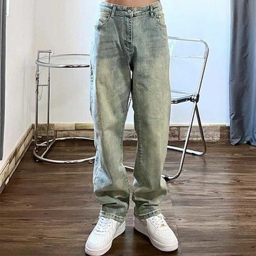 歐美復古拼接牛仔褲男女春夏季新款情侶高街直筒寬松休閑長褲子潮