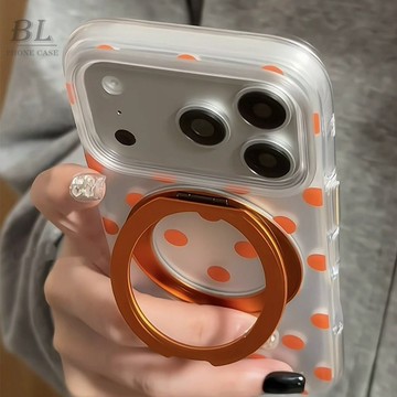 高級感銀底橙色波點360支架防摔 適用iPhone 17 16 15 Pro Max i15 i16 17Pro 手機殼