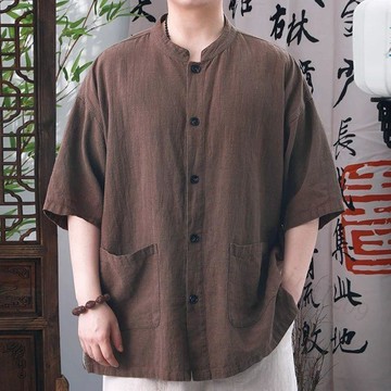 夏季新款 國風上衣 男士短袖襯衫 中式復古立領休閒襯衫 寬鬆百搭短袖上衣 立領襯衫 復古襯衫 中式襯衫