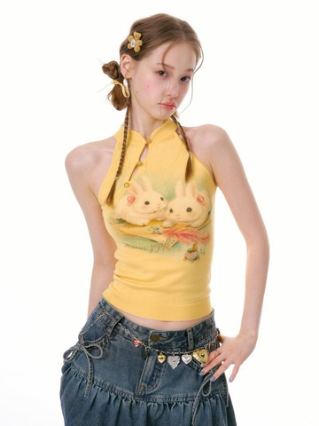 ziziFei''云間兔語''夏設計感兔子印花新中式黃色掛脖針織背心女