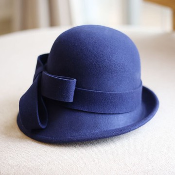 秋冬季大蝴蝶結純羊毛帽子女士圓頂卷邊小禮帽女款英倫復古氈帽潮1入