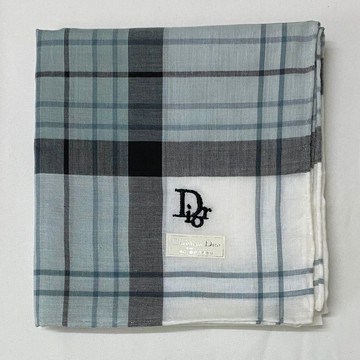 全新附吊牌 復古 Christian Dior 藍灰色格紋純棉手帕 口袋巾