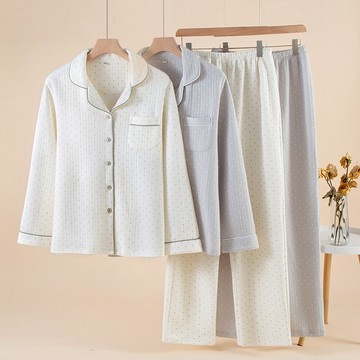 秋冬加棉保暖空氣棉女士睡衣套裝 三層加棉純棉空氣層居家服小翻領寬鬆大尺碼寒流睡衣家居服套裝