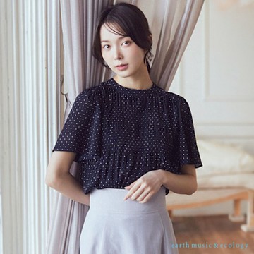 【earth music】素面/圓點細褶喇叭寬袖上衣