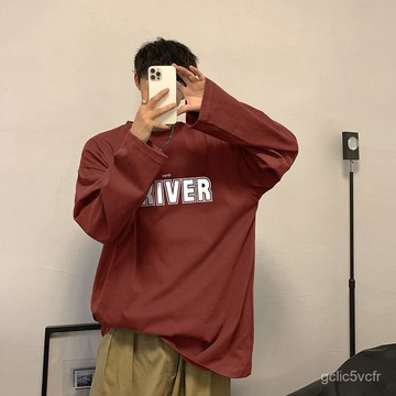 100%純棉長袖T恤男美式復古 印花 t恤 流行衣服寬鬆大碼港風秋季打底衫潮上衣男