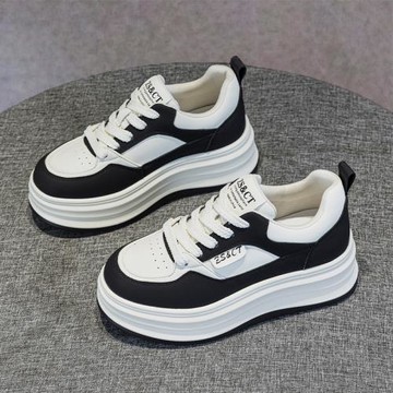 厚底小白鞋女2025秋新款小香風系帶真皮透氣百搭運動休閑增高板鞋