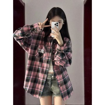 🔥臺灣現貨免運🔥美式復古格紋襯衫女早春秋季穿搭字母刺繡polo領襯衣外套學院風上衣