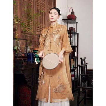 陌遇丨朝鳳丨夏季中國風新款100%桑蠶絲鳳凰繡花中開襟旗袍連衣裙