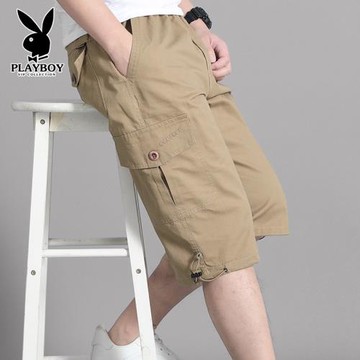 花花公子純棉七分褲男薄款過膝寬松大碼男士休閑短褲多袋工裝褲子