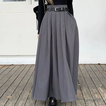 復古西裝半身裙女春秋新款高腰顯瘦口袋百褶裙大擺A字長裙子