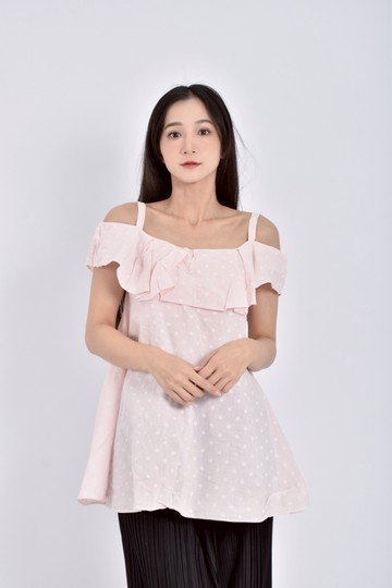 (S) 質感細肩帶點點粉色上衣