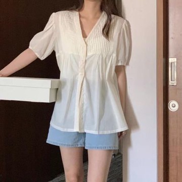 正韓襯衫 蕾絲短袖襯衫CPC1002-創翊韓都