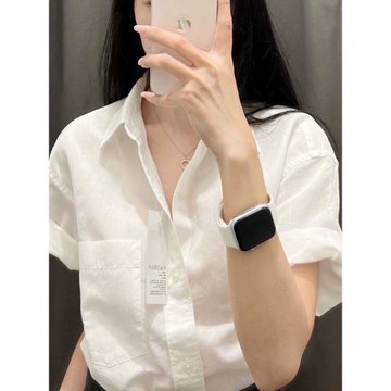 設計感純棉短袖襯衫女夏季新款小眾寬松新款襯衣法式高級純色上衣