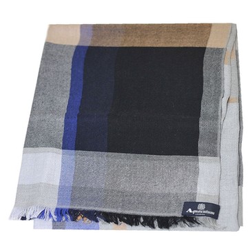 Aquascutum 經典大方格紋品牌字母LOGO布標混喀什米爾羊毛披肩/圍巾(灰/藍/黑)