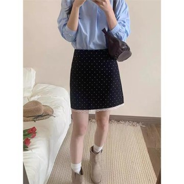 蕾絲花邊波點半身裙女miu系半裙春夏梨形身材高腰a字包臀裙短裙子