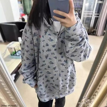 美式碎花滿印連帽衛衣女春秋冬加厚寬鬆慵懶風oversize開衫外套潮