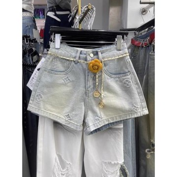 韓版2025年夏季新款淺藍色高腰牛仔短褲彈力緊身闊腳a字熱褲