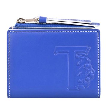 TODS 獅子烙印LOGO撞色邊對開扣式零錢短夾.藍/白邊