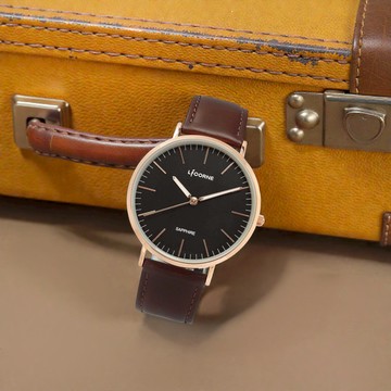 LICORNE 力抗 / LT146MRBD / 極簡紳士 藍寶石水晶玻璃 夜光指針 真皮手錶 黑x玫瑰金框x深褐 41mm