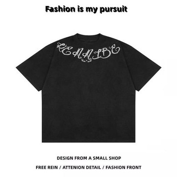 國潮麂皮面料個性印花短袖t恤男寬松潮流痞帥高街上衣潮牌情侶裝