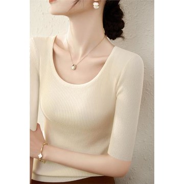 純色羊毛U領針織衫女裝新款春秋修身顯瘦毛衣五分袖內搭打底上衣