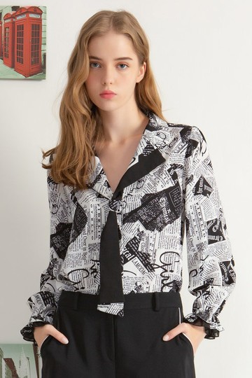 MW  字母印花雪紡領帶長袖上衣