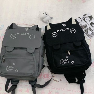 邱邱自制【小魚喵】日系可愛刺繡小貓顏文字學生大容量雙肩包書包