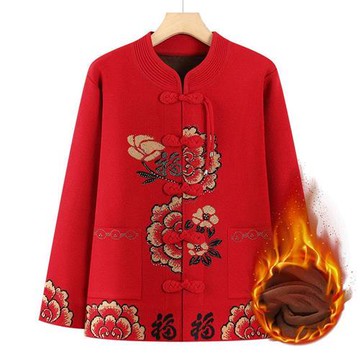 【米蘭精品】現貨+預購 高級針織衫上衣秋冬毛衣開衫寬鬆大碼休閒女裝媽媽裝-唐裝加絨女外套2色74mo18