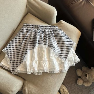 甜美蝴蝶結蕾絲拼接格子蓬蓬短裙女夏季松緊腰氣質少女a字半身裙