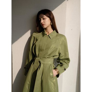 極簡長款氣質純色收腰系帶風衣