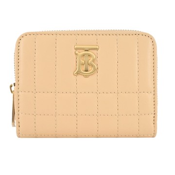BURBERRY Lola TB金字LOGO格紋絎縫羔羊拉鍊零錢包(金沙色)