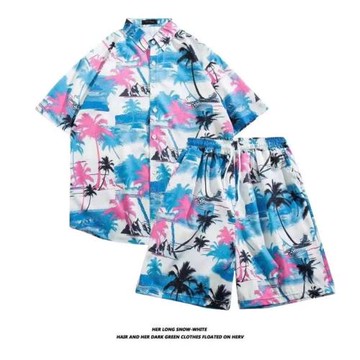 夏威夷度假寬松沙灘褲海邊男士休閑潮流短袖襯衫沙灘套裝夏季短褲