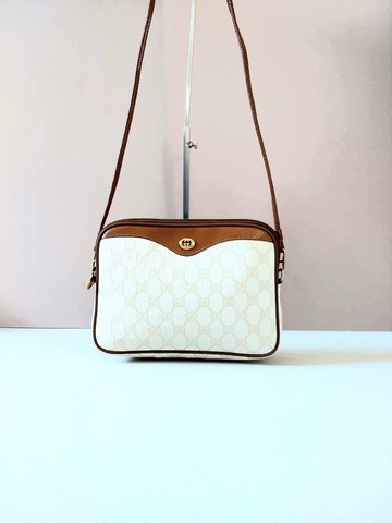 絕版稀有品中古二手Gucci白咖啡色皮革側背斜孭揹腋下小包手袋