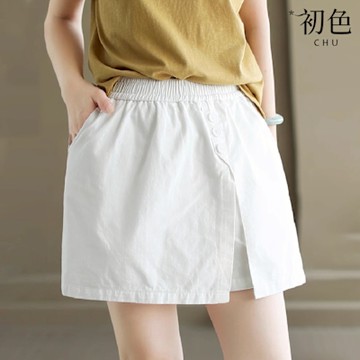 初色 假兩件純色顯瘦鬆緊腰休閒褲闊腿褲短褲褲裙-共5色-36620(M-2XL可選)