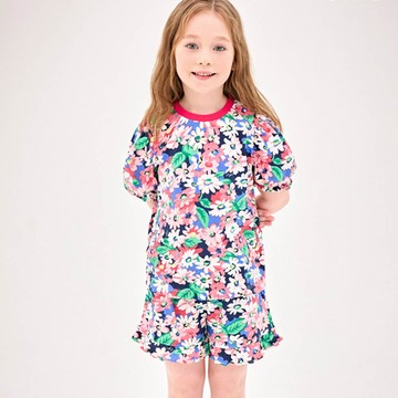 韓國 Jelispoon - 繽紛花印泡泡袖套裝-桃粉