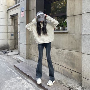 Tristine2022秋冬新款彈力牛仔褲女歐美風修身顯瘦微喇叭長褲子