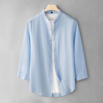 夏季立領亞麻襯衫男寬松大碼棉麻七分袖襯衣純色透氣上衣簡約休閑