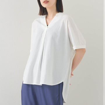 日本 OMNES - 接觸涼感 嫘縈休閒V領前短後長上衣-白