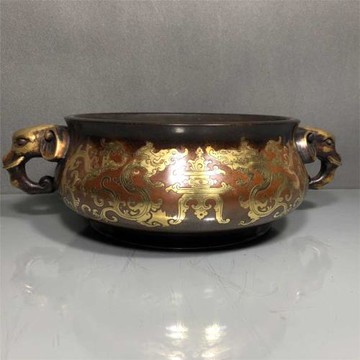 老件紫銅鎏金雕花雙龍款高10.3*30*22公分6.1公斤象耳香爐擺件