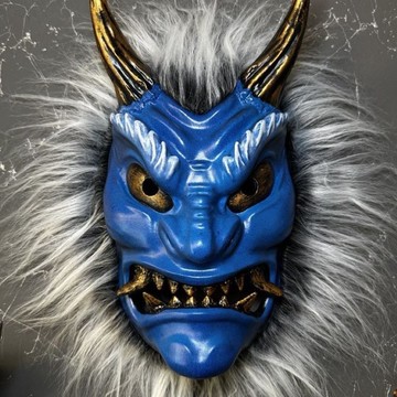 帶頭髮的生剝鬼面具、日本鬼面具、帶毛皮的日本藍色惡魔面具